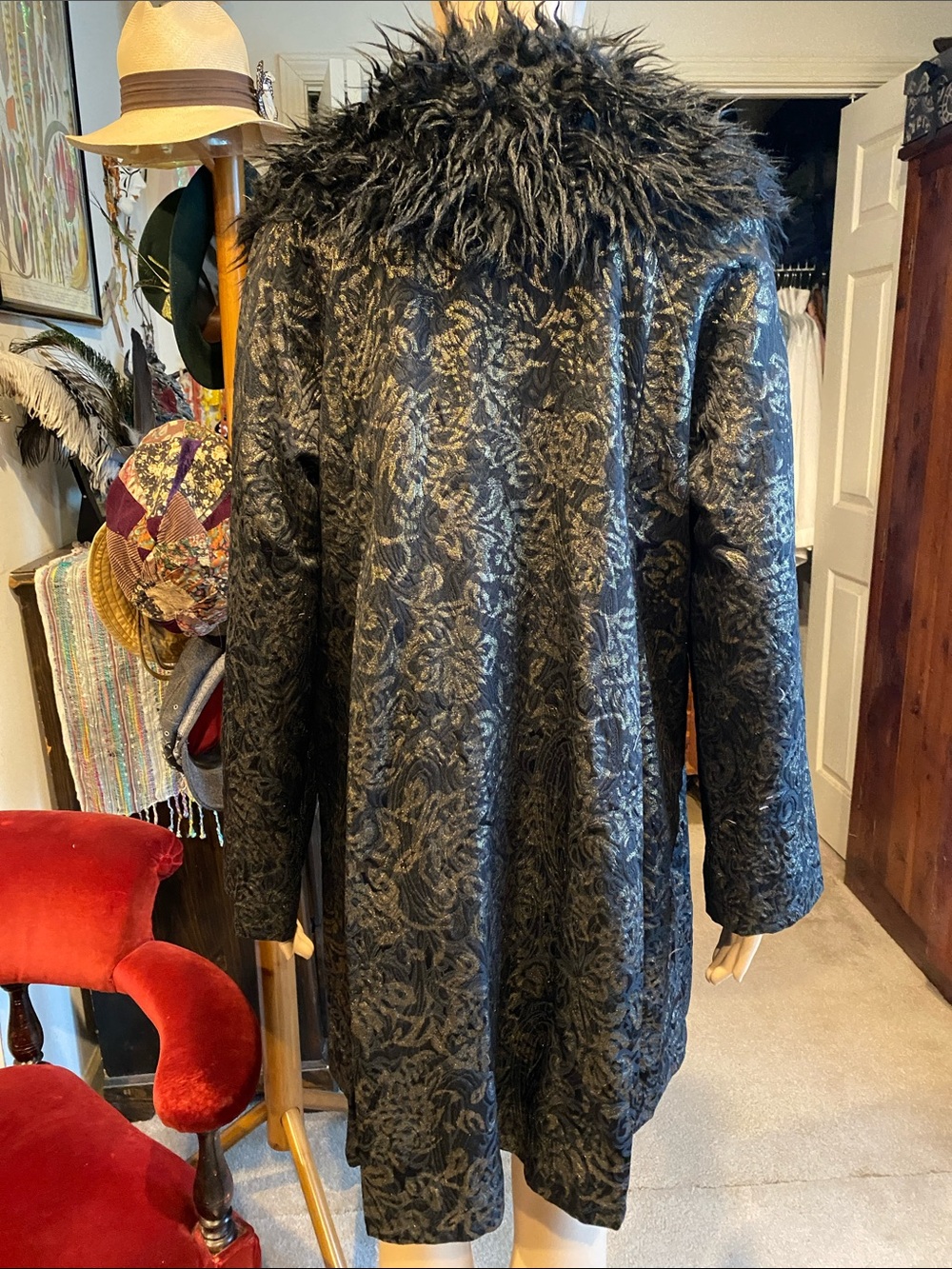 Free People Black Brocade Pea Coat with Faux Fur Collar and Metallic Shimmer - Picture 3 of 5